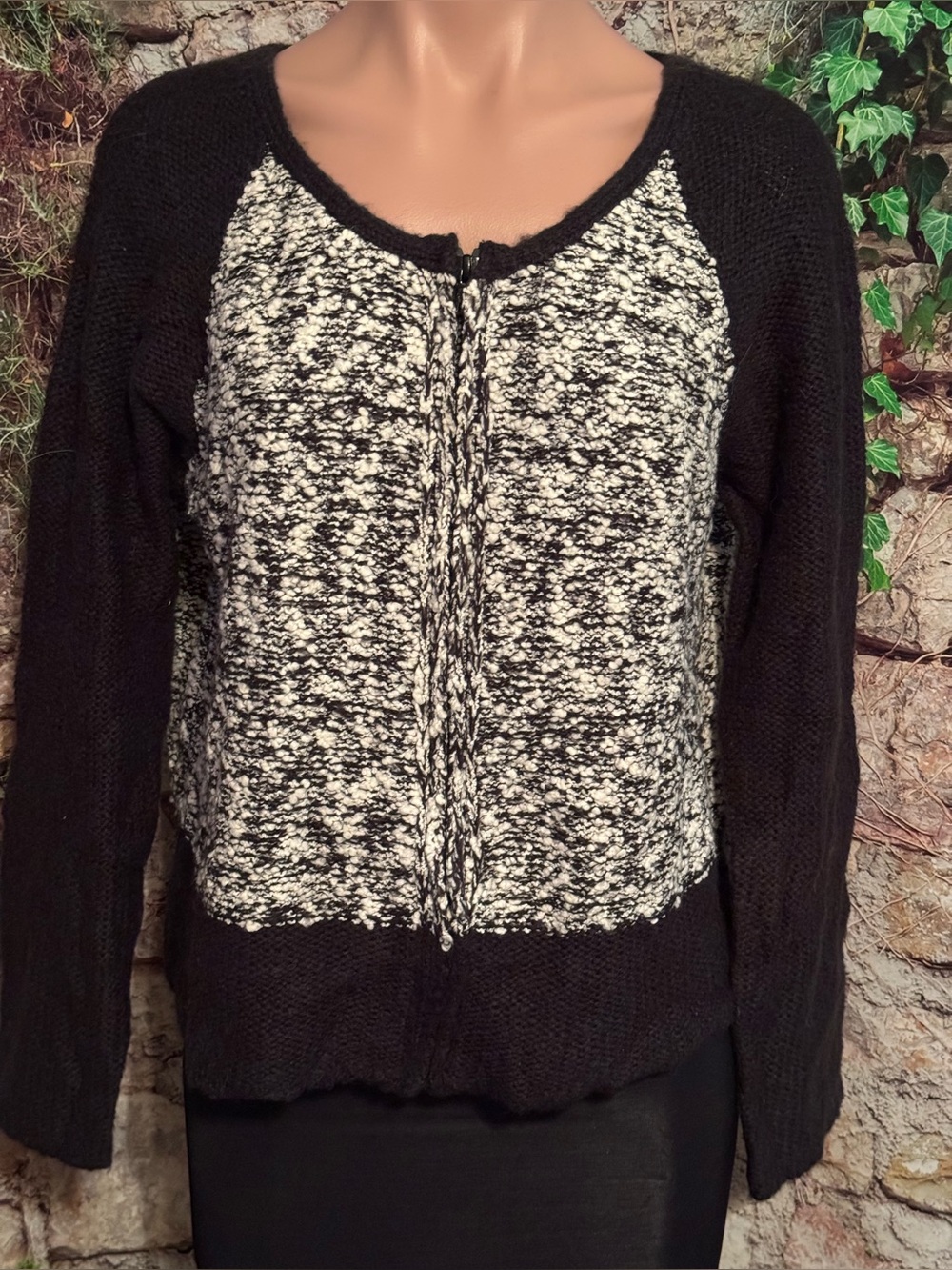Zipper Front Wool Blend Black & White Knit Sweater - Classic Marled Front